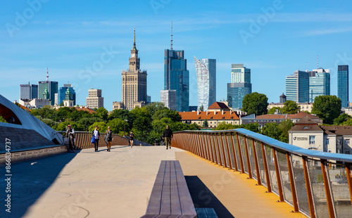 Srodmiescie and Wola downtown panoramic view with city center modern towers and skyscrapers over Powisle district onshore Vistula river in Warsaw in Poland