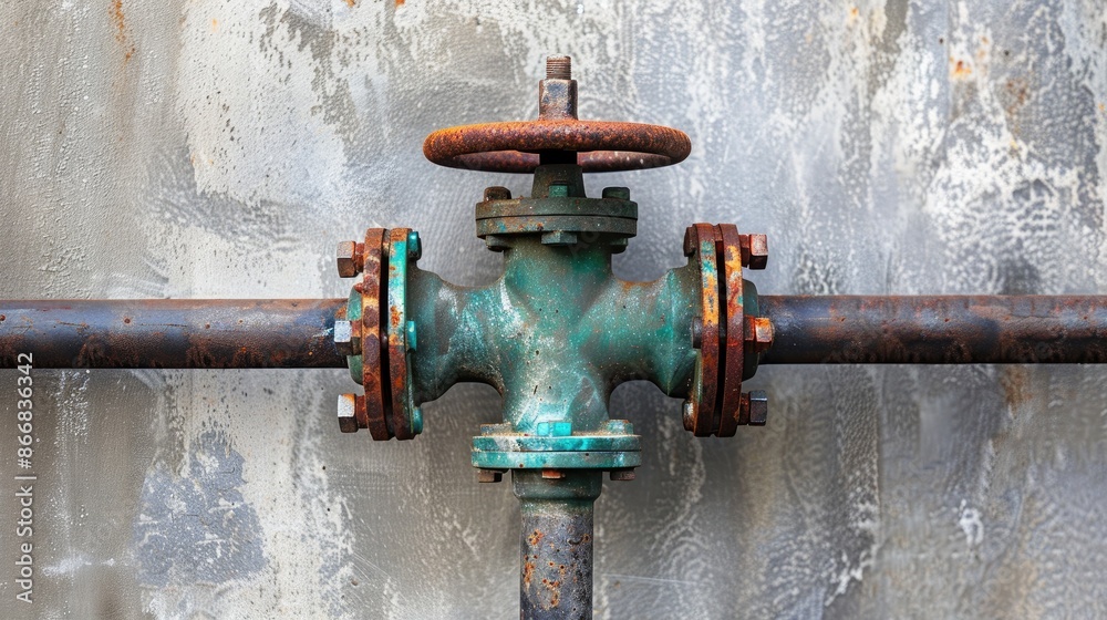 Front view of water supply system iron pipe with control valve Front view of water supply system iron pipe with control valve