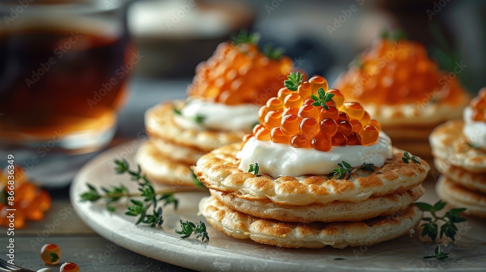 Pancakes with red caviar and sour cream, gourmet appetizer. Fine dining and culinary concept Pancakes with red caviar and sour cream, gourmet appetizer. Fine dining and culinary concept
