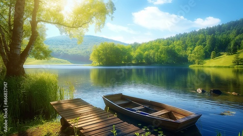 
A serene lakeside scene featuring a wooden dock extending into the water, a boat moored at its edge, surrounded by vibrant greenery and rolling hills under a clear, sunny sky.  photo