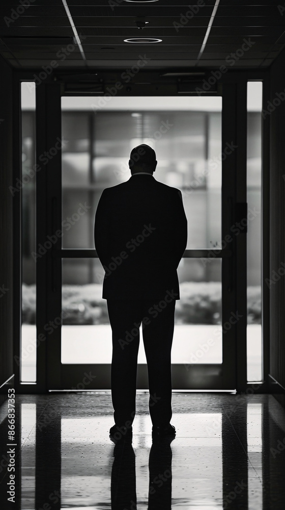 Man in Suit Stands in Hallway Looking Out Double Doors Man in Suit Stands in Hallway Looking Out Double Doors