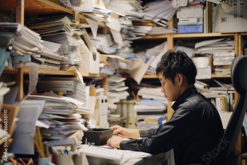 Man with big piles of work papers. photo