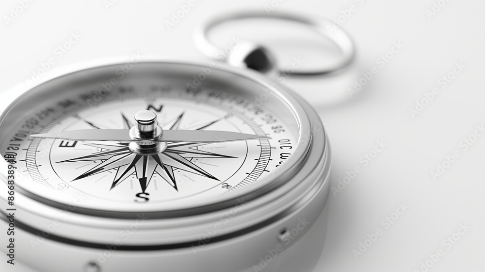 Elegant and simple compass display with a close-up of the needle pointing north. Minimalistic style, bright and light, isolated on a white background with perfect white balance for clarity. Elegant and simple compass display with a close-up of the needle pointing north. Minimalistic style, bright and light, isolated on a white background with perfect white balance for clarity.