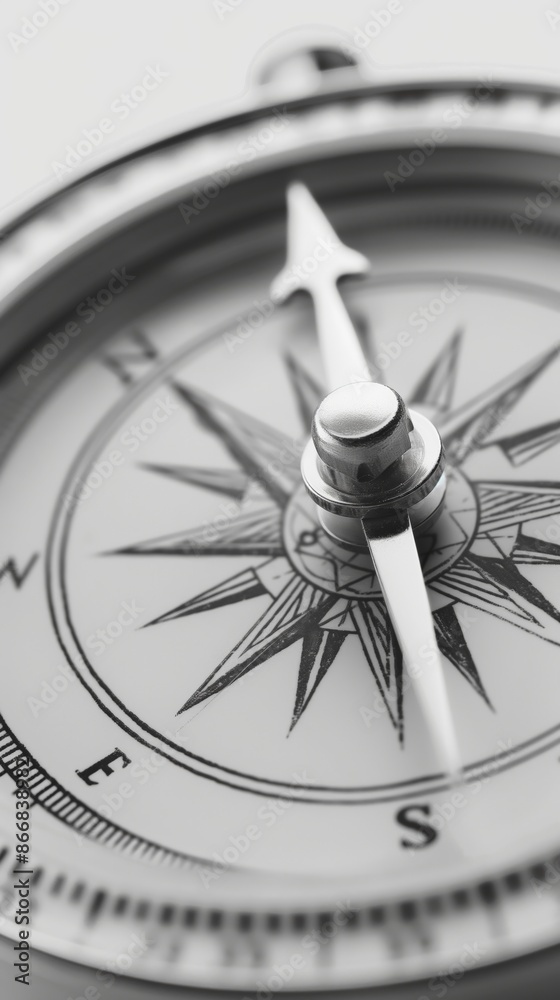 Modern minimalistic design featuring a compass with the needle pointing north. Bright, light setup isolated on a white background with perfect white balance, emphasizing precision and clarity. Modern minimalistic design featuring a compass with the needle pointing north. Bright, light setup isolated on a white background with perfect white balance, emphasizing precision and clarity.