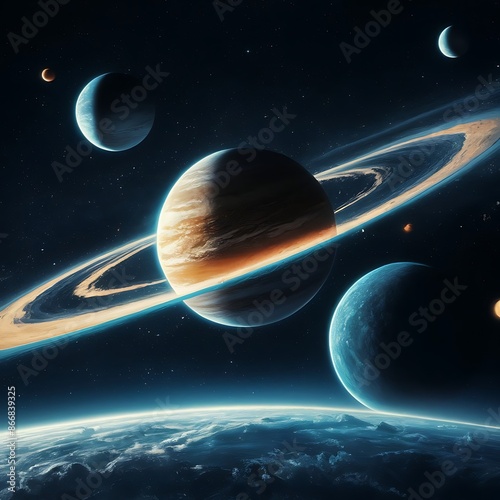 Obraz na płótnie A backdrop of a moon system with planets and stars, Cosmos, stars, planets continuous backdrop, The planets are diverse, with some resembling earth, others covered in lush greenery w salonie