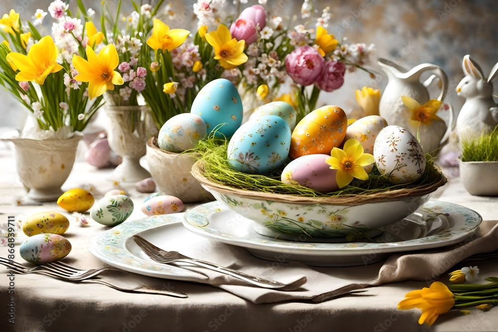 Easter table setting, easter eggs and flowers decoration wallpaper. Easter table setting, easter eggs and flowers decoration wallpaper.