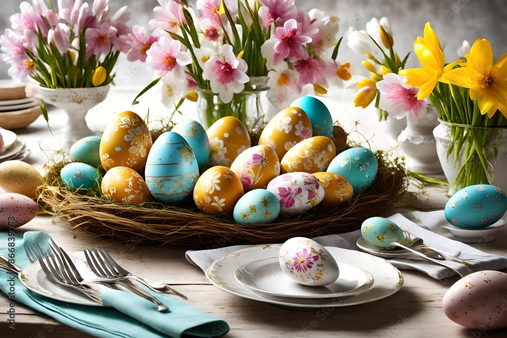 Easter table setting, easter eggs and flowers decoration wallpaper. Easter table setting, easter eggs and flowers decoration wallpaper.