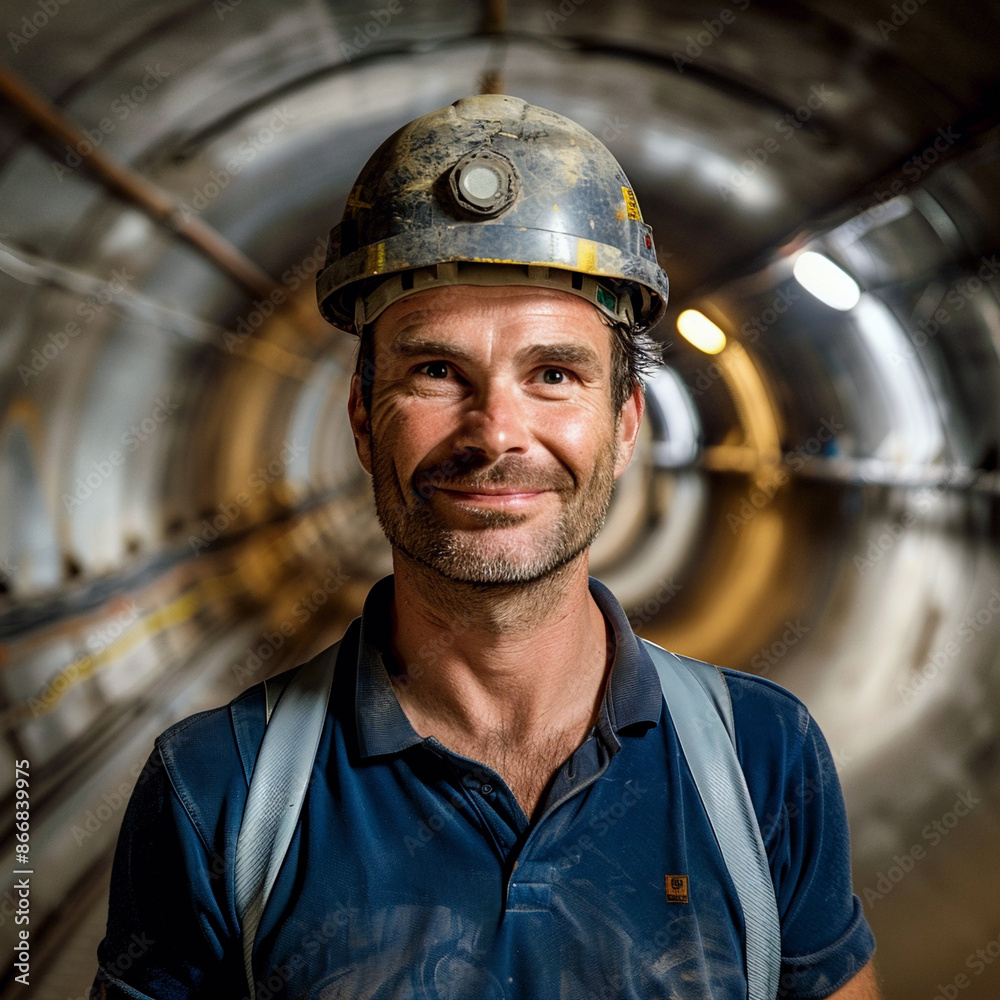 Construction worker smiling in a tunnel Construction worker smiling in a tunnel