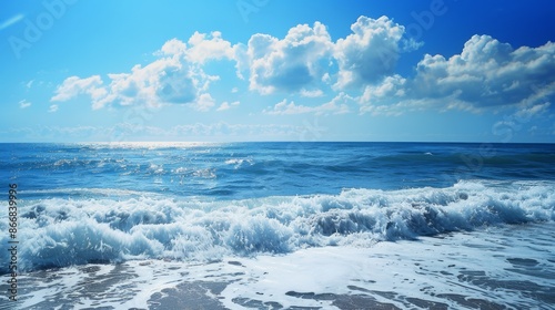 A beautiful beach scene with vibrant blue sky, fluffy clouds, and powerful waves crashing onto the shore, epitomizing the essence of a sunny day by the ocean.