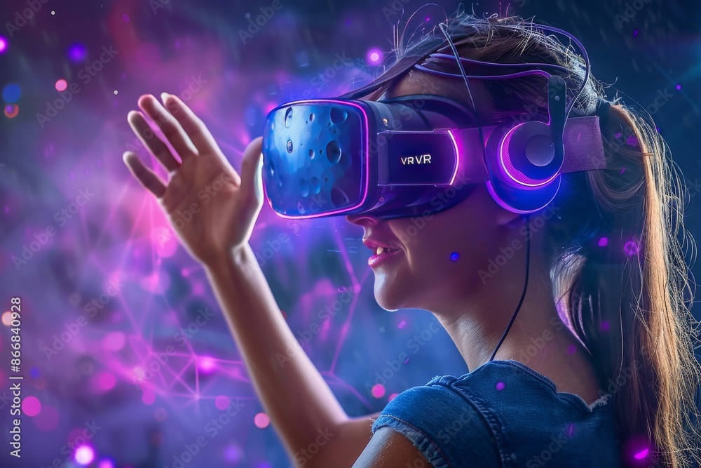 Man Wearing VR Headset Immersed in Virtual Reality Gaming with High Tech Controls Man Wearing VR Headset Immersed in Virtual Reality Gaming with High Tech Controls