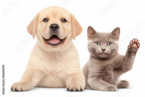 Portrait of an adorable puppy and kitten waving their paws