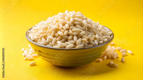 Churmure or murmure or moori, Puffed rice, food ingredient. Traditional food isolated on yellow background.