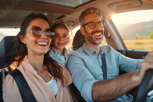 Happy european family riding car, traveling by automobile together