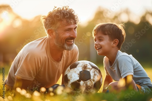 Happy father with son are having fun on the field with soccer