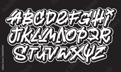 Street alphabet in drip graffiti style, hand drawn. youthful urban atmosphere. energetic expressive title. vector graffiti alphabet on black background
