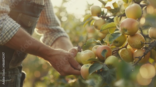 Man picking ripe apples from orchard trees