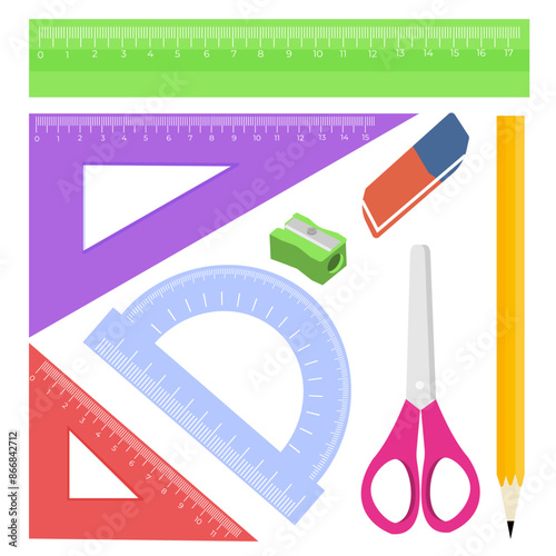 Set of rulers, pensil, eraser, scissors and pencil sharpener