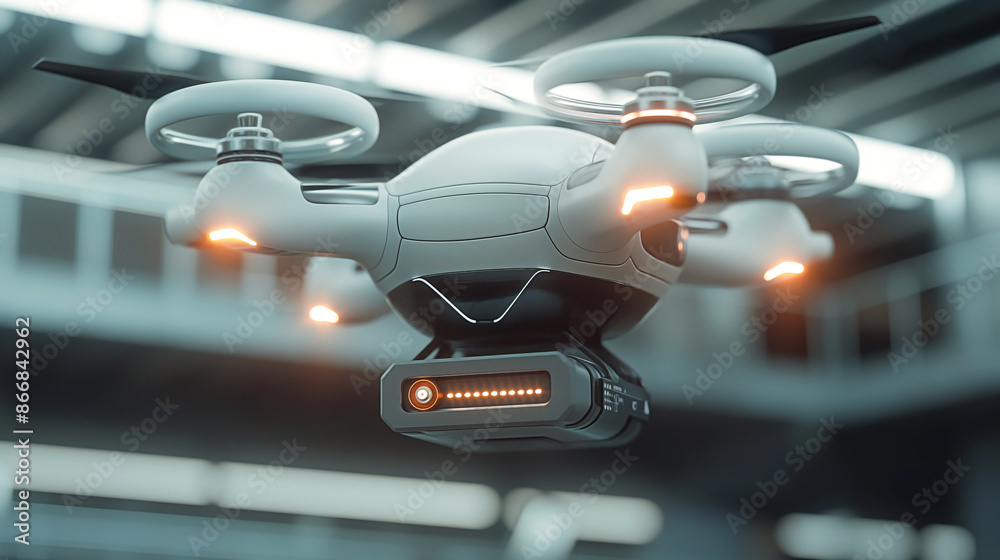 a white logistic drone in flight, carrying a small container underneath. a white logistic drone in flight, carrying a small container underneath.