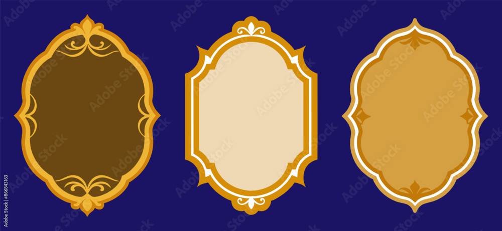 Elegant set of three ornate golden frames with intricate designs on a dark blue background. Perfect for invitations, certificates, and decorative purposes Elegant set of three ornate golden frames with intricate designs on a dark blue background. Perfect for invitations, certificates, and decorative purposes