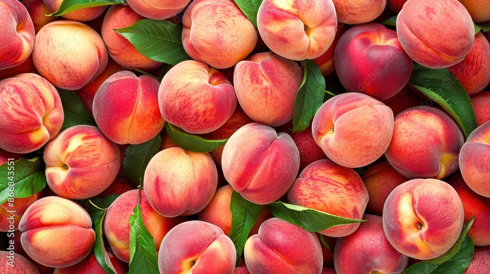 A vibrant display of fresh, ripe peaches with green leaves, showcasing the juicy and delicious fruit in its natural beauty.