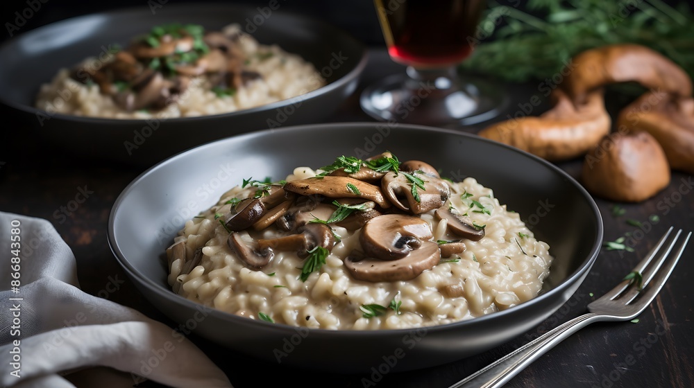 Creamy Mushroom Risotto Garnished with Fresh Parsley in a Sophisticated Presentation Creamy Mushroom Risotto Garnished with Fresh Parsley in a Sophisticated Presentation