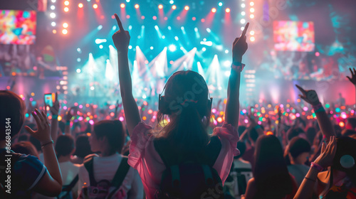 A vibrant scene at a K-pop concert with a back of Korean fans cheering enthusiastically