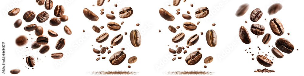 set of a flying coffee beans with motion blur effect, stark on a transparent background
