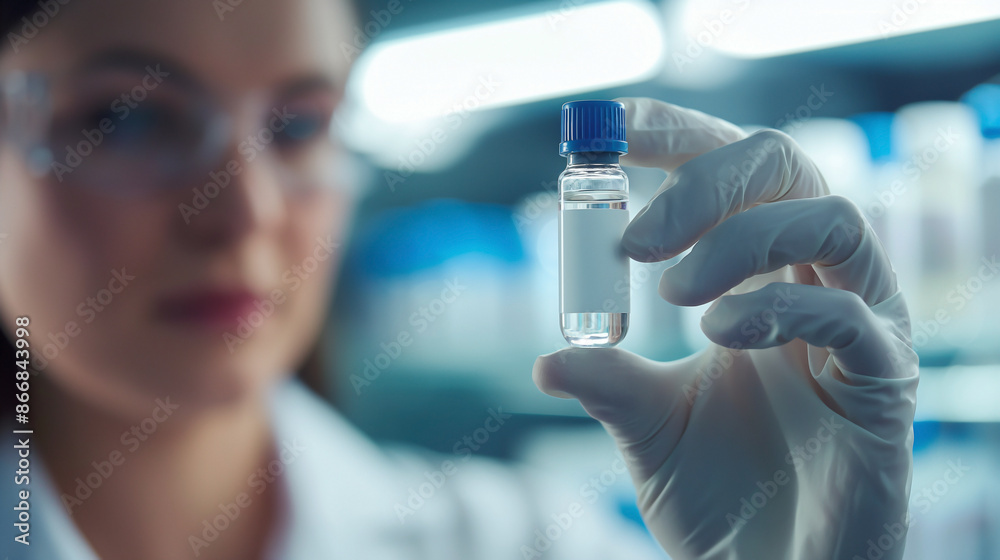 view of a woman's hand wearing a latex glove, holding a white and blue vaccine bottle view of a woman's hand wearing a latex glove, holding a white and blue vaccine bottle