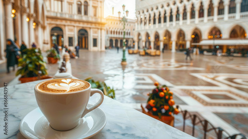 A beautifully crafted cup of cappuccino with heart latte art on a marble table in an elegant European plaza setting during sunrise.