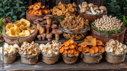 Various edible mushrooms displayed in baskets on a wooden surface, showcasing a rustic food arrangement