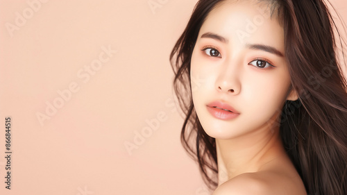Close up on face of young Asian woman with clean fresh skin on pink beige background