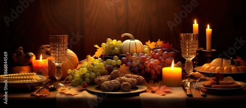 Autumnal Feast Table Setting with Grapes, Pumpkins, and Candles