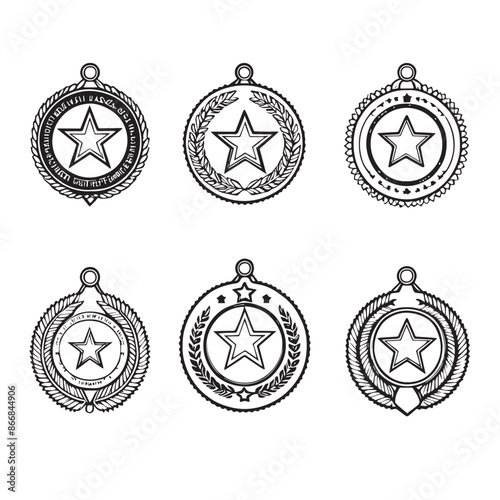 Award medal icon set. Winner or victory badge medal. Contains approved, verified, certified, star, achievement, and first medal. Vector illustration 