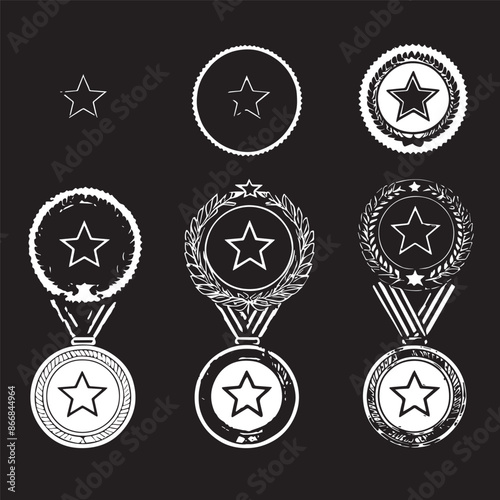 Award medal icon set. Winner or victory badge medal. Contains approved, verified, certified, star, achievement, and first medal. Vector illustration 