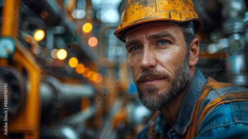 Oil refinery operator portrait of a man standing near equipment at an oil refinery. © Andrew