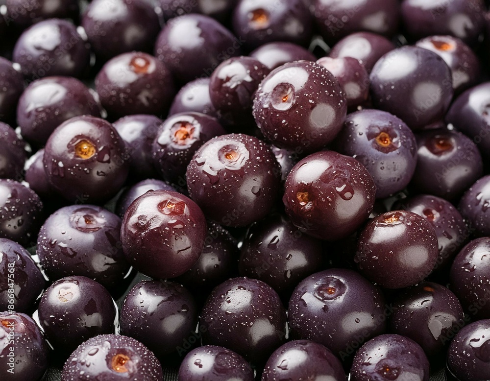 Fresh ripe acai berries with water drops background. Berries backdrop. Generative AI Fresh ripe acai berries with water drops background. Berries backdrop. Generative AI