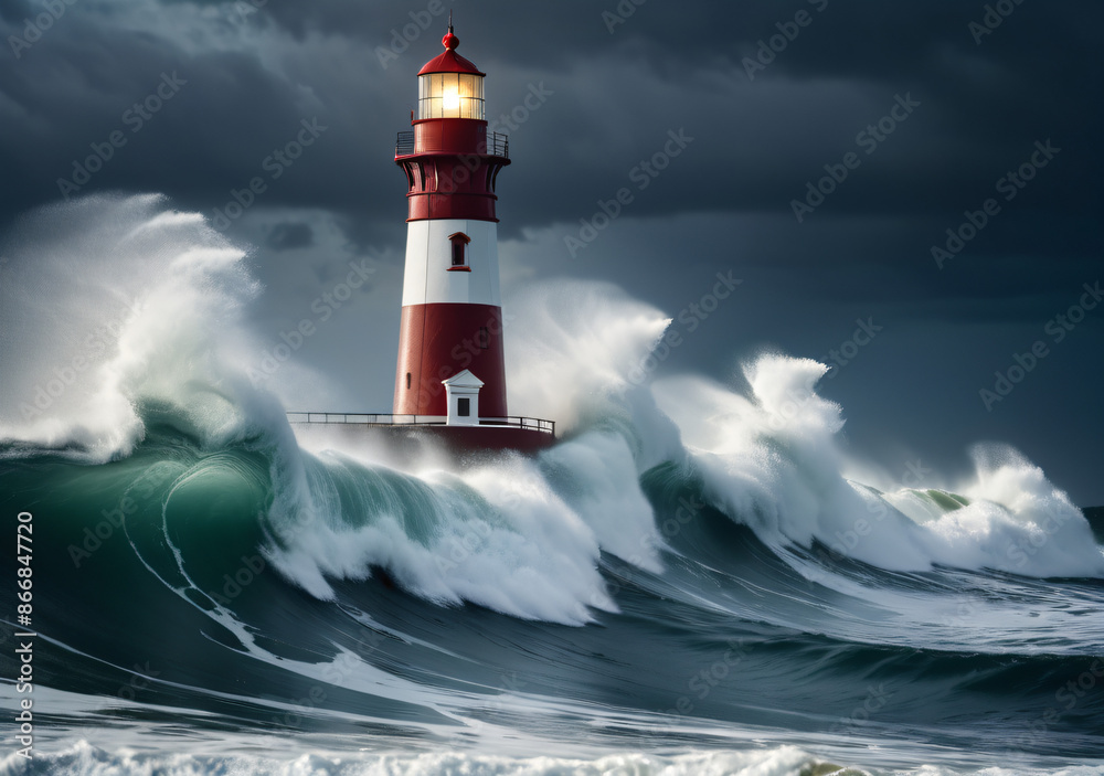 Storm with big waves over the lighthouse at the ocean. Generative AI. Storm with big waves over the lighthouse at the ocean. Generative AI.