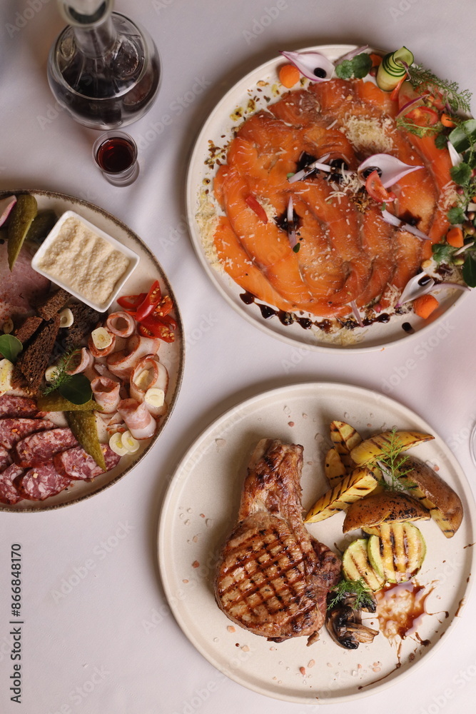 Fototapeta premium Restaurant menu food wine drink specials meat fish carpaccio sashimi delicious soup sauce 