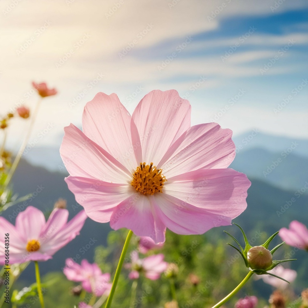 pink cosmos flower with bright sky, tropical garden, selective focus