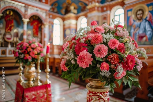 A coffin decorated with many flowers and candles in a beautiful church, ceremony © Emvats