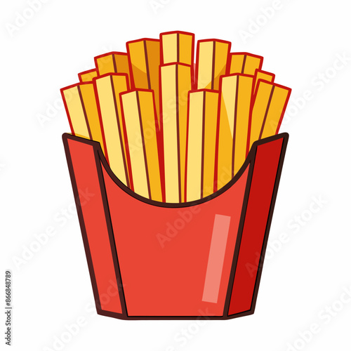 A red bucket filled with french fries placed on a white surface