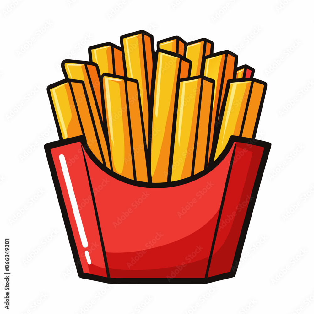 A red box filled with golden french fries on a clean white background A red box filled with golden french fries on a clean white background