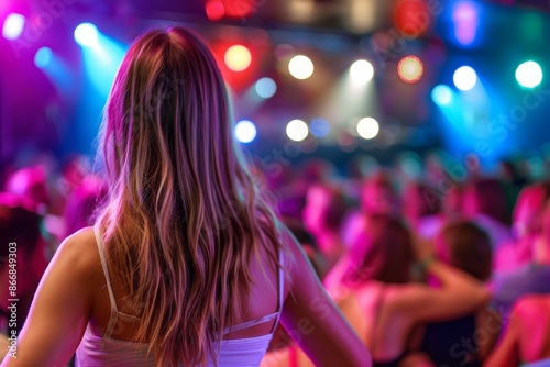 European female disc jockey working at controller, professional dj doing a live performance in a nightclub with red and blue lights   nightlife, party concept