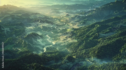 Enchanting Twilight Landscape with Rugged Mountainous Terrain and Winding Rivers © wilaiwan