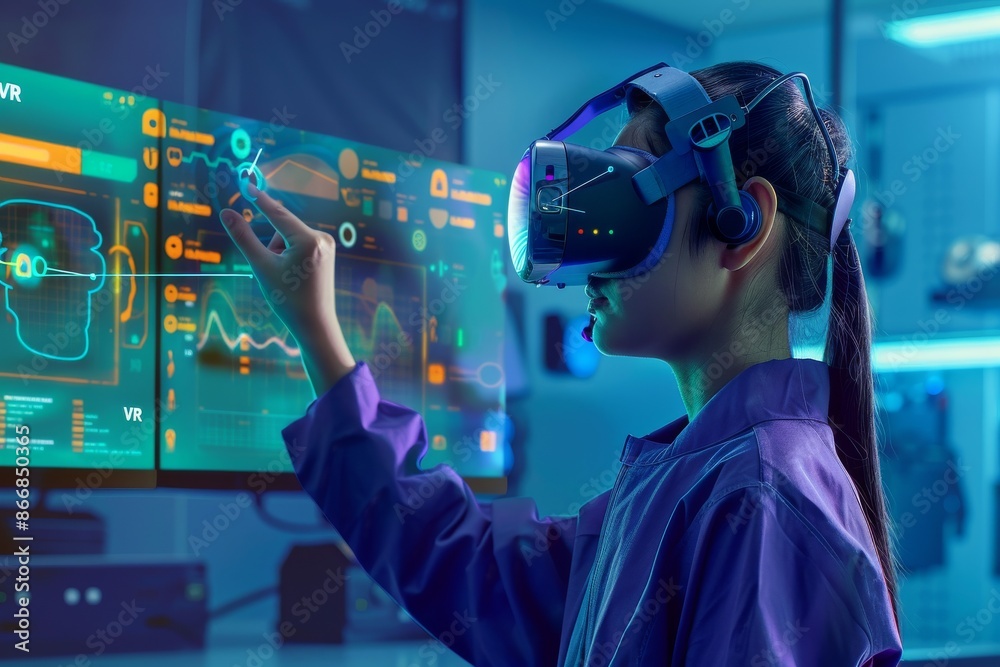 Woman Using VR Headset for Holographic Interface in High Tech Control Room Woman Using VR Headset for Holographic Interface in High Tech Control Room