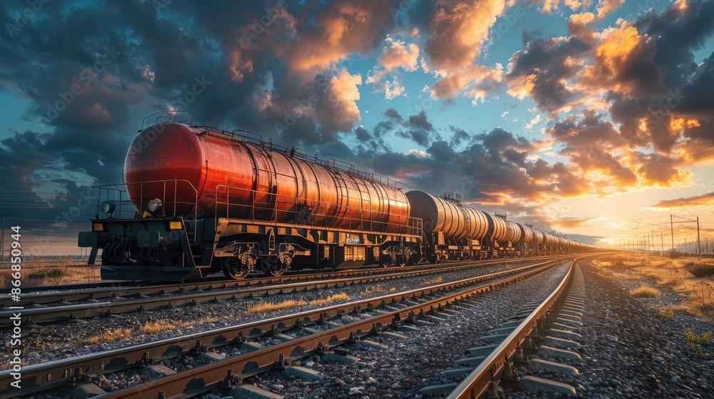 A train with red tanks on it is traveling down the tracks. The sky is cloudy and the sun is setting, creating a moody atmosphere