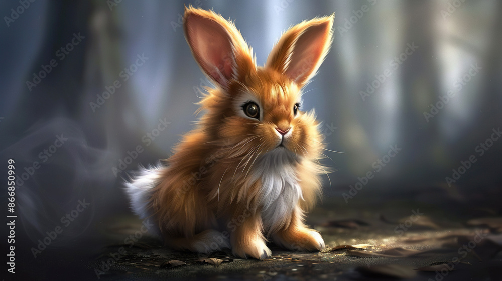 Fototapeta premium A digital painting depicts a brown bunny rabbit amidst foliage and trees in a tranquil forest setting