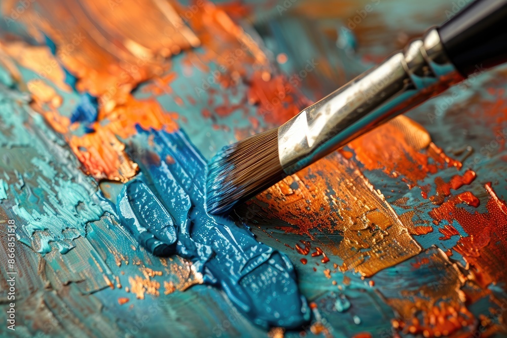 Fototapeta premium A brush is painting a blue and orange painting. The painting is abstract and has a lot of texture