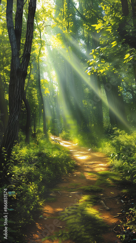 beautiful forest scenery with sunbeams shining through the canopy, created with generative AI technology