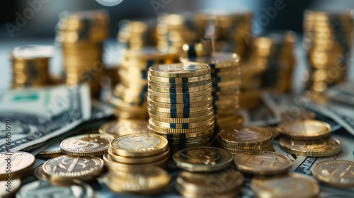 Close-up of Gold Coins and Dollar Bill Stacked Together